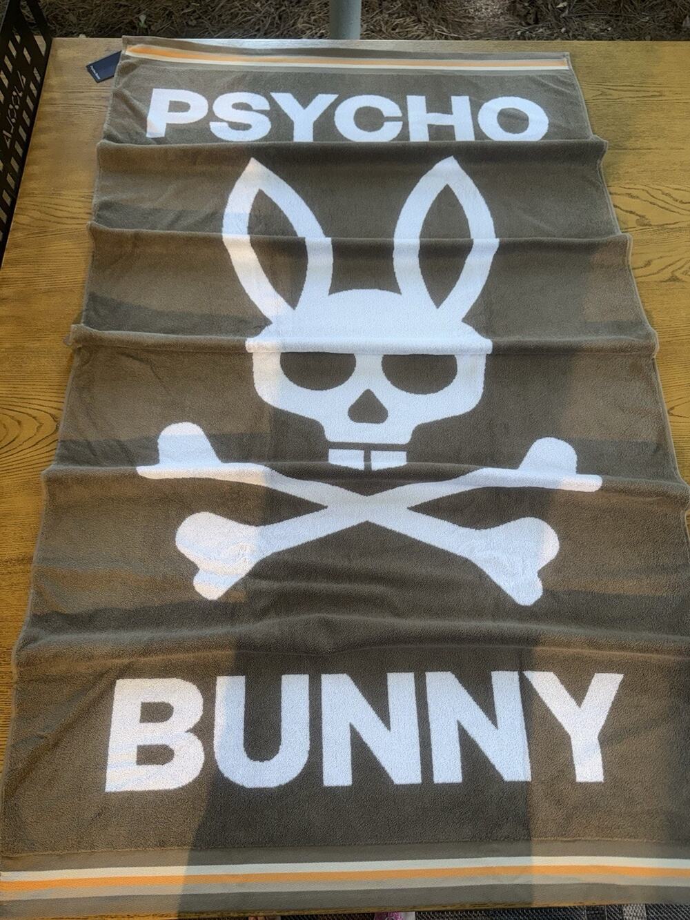 Psycho Bunny *NEW* Taupe White Orange Terry Cloth XXL Beach Towel 65 X 36 NEW!